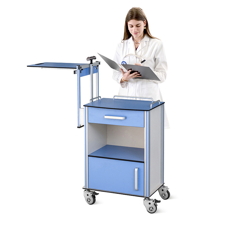 Adjustable Medical Overbed Table Aluminum Hospital Storage Bedside Table uban sa mga Casters
