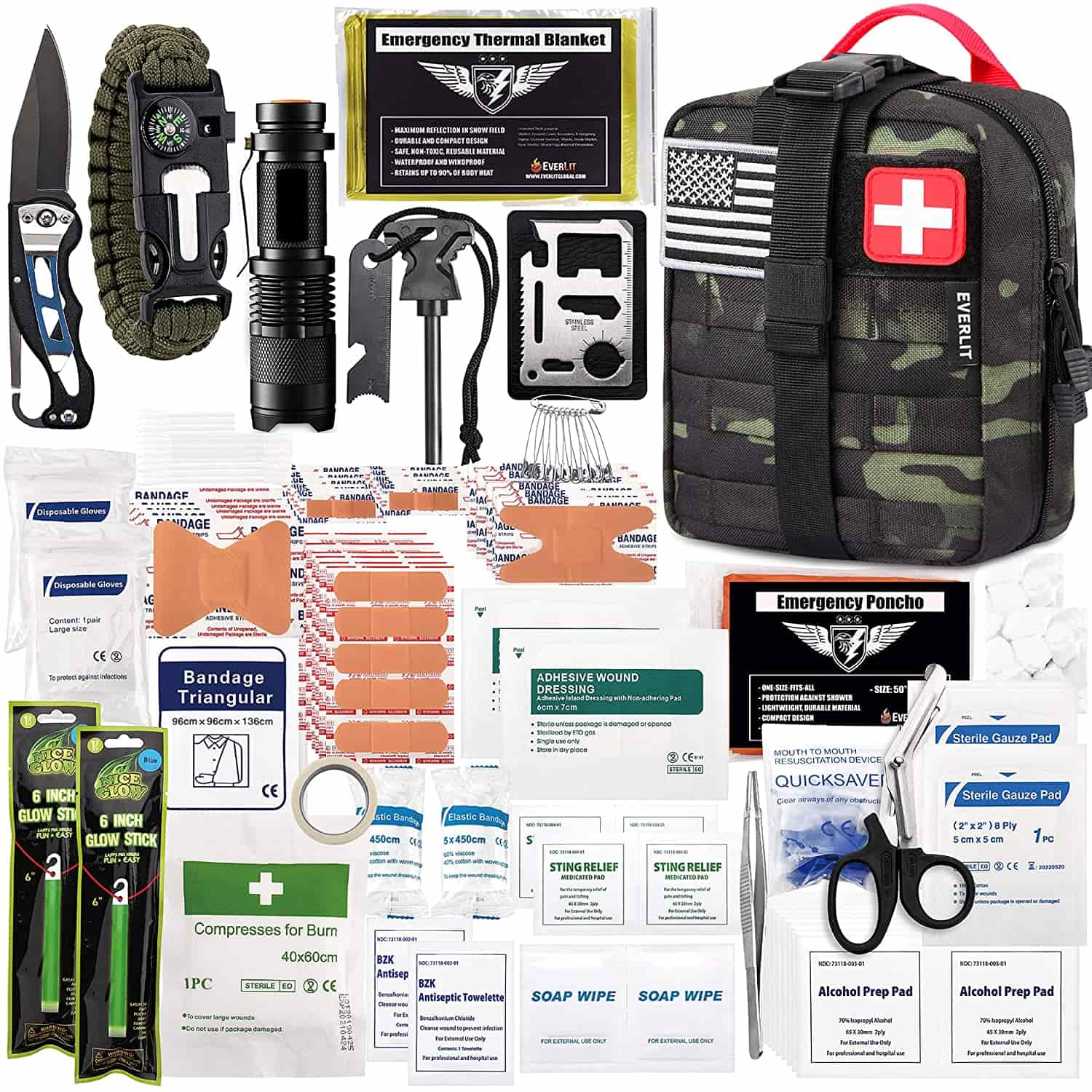 Black Camo Survival First Aid Kit Naglangkob sa 250 Piece First Aid Kit